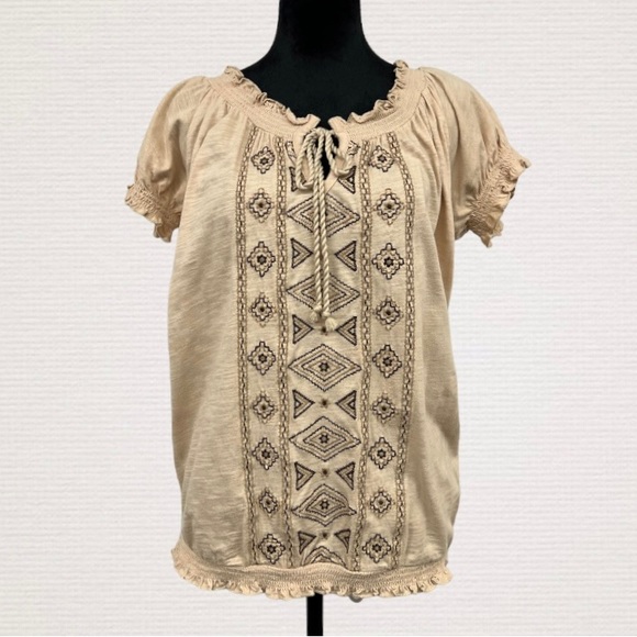 ST JOHN'S BAY Cream w/Brown Tribal Embroidery Boho Top, Cotton, Size Small - Picture 7 of 9